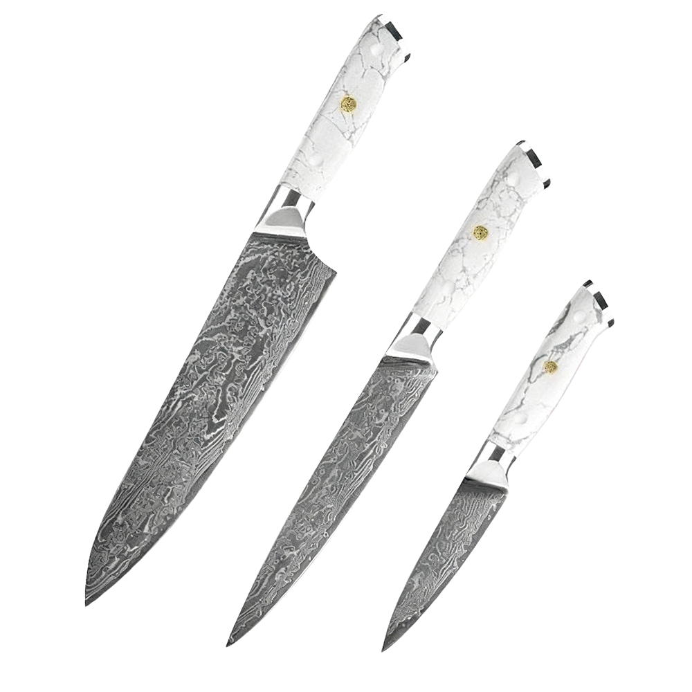 SZAKÁCSKÉS SZETT – DAMASCUS VG10 – 3 Darabos – Kuro Edition – Fehér Gyanta Markolat