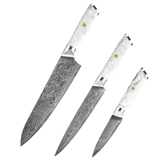 SZAKÁCSKÉS SZETT – DAMASCUS VG10 – 3 Darabos – Kuro Edition – Fehér Gyanta Markolat