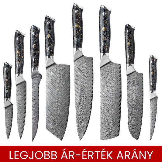 SZAKÁCSKÉS SZETT - Damascus VG10 - 8 Darabos - Gold Edition - Fekete Arany Markolat