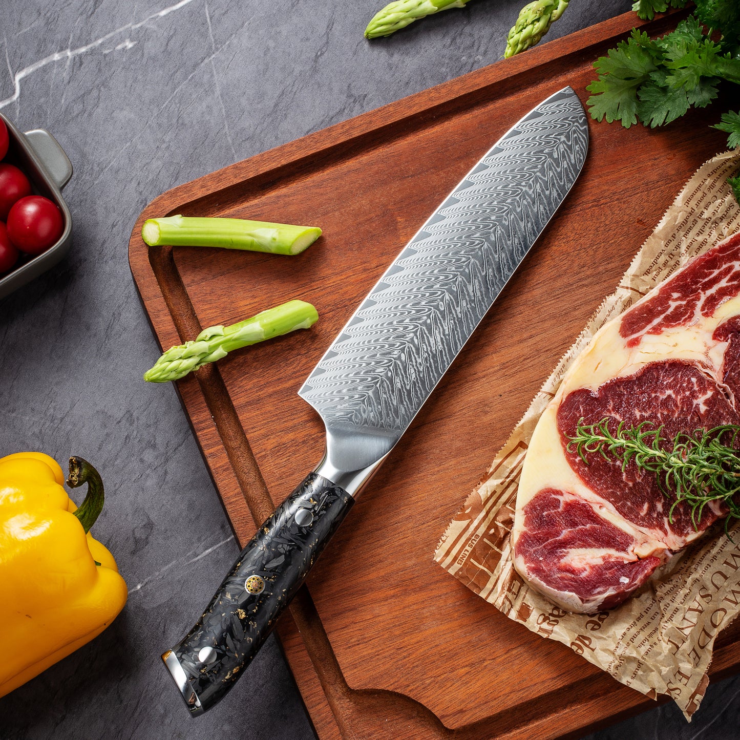 SZAKÁCSKÉS – Damascus VG10 SANTOKU – Gold Edition – Fekete Arany Markolat
