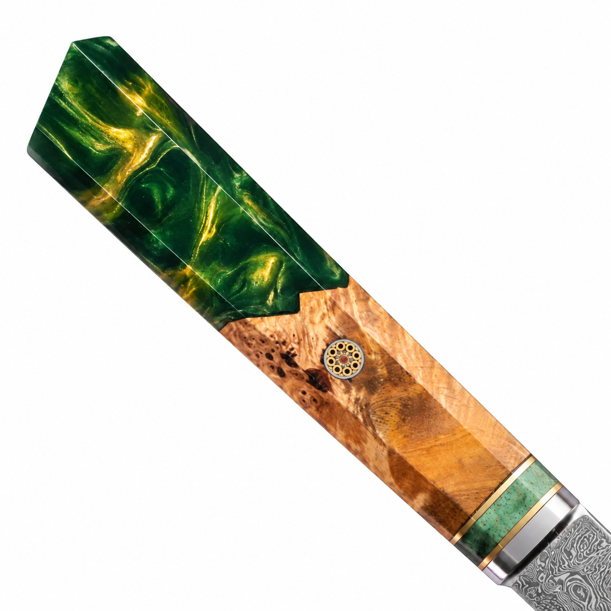 SZAKÁCSKÉS - Damascus VG10 KIRITSUKE - Green Maple Burl - Kézműves Gyanta Markolat