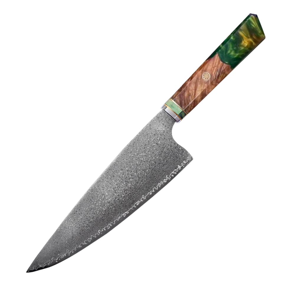 HAMAROSAN: SZAKÁCSKÉS - Damascus VG10 GYUTO - Green Maple Burl - Kézműves Gyanta Markolat