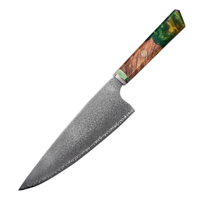 HAMAROSAN: SZAKÁCSKÉS - Damascus VG10 GYUTO - Green Maple Burl - Kézműves Gyanta Markolat