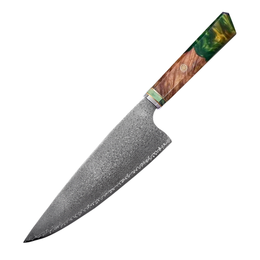 HAMAROSAN: SZAKÁCSKÉS - Damascus VG10 GYUTO - Green Maple Burl - Kézműves Gyanta Markolat