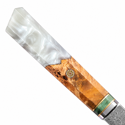 SZAKÁCSKÉS - Damascus VG10 KIRITSUKE - White Maple Burl - Kézműves Gyanta Markolat