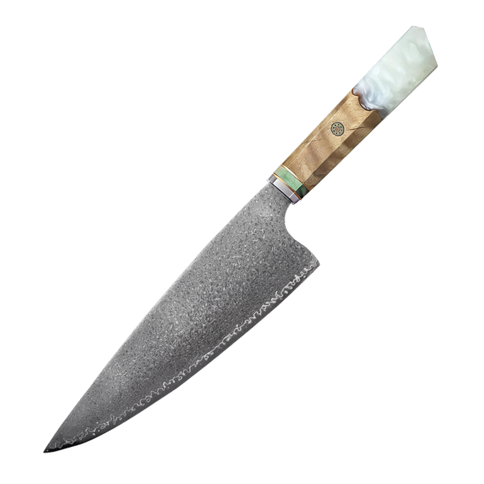 HAMAROSAN: SZAKÁCSKÉS - Damascus VG10 GYUTO - White Maple Burl - Kézműves Gyanta Markolat