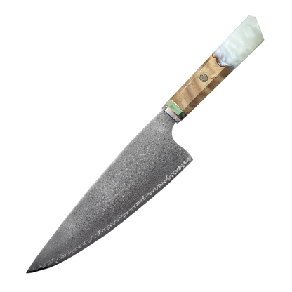 HAMAROSAN: SZAKÁCSKÉS - Damascus VG10 GYUTO - White Maple Burl - Kézműves Gyanta Markolat