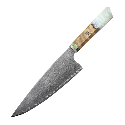HAMAROSAN: SZAKÁCSKÉS - Damascus VG10 GYUTO - White Maple Burl - Kézműves Gyanta Markolat