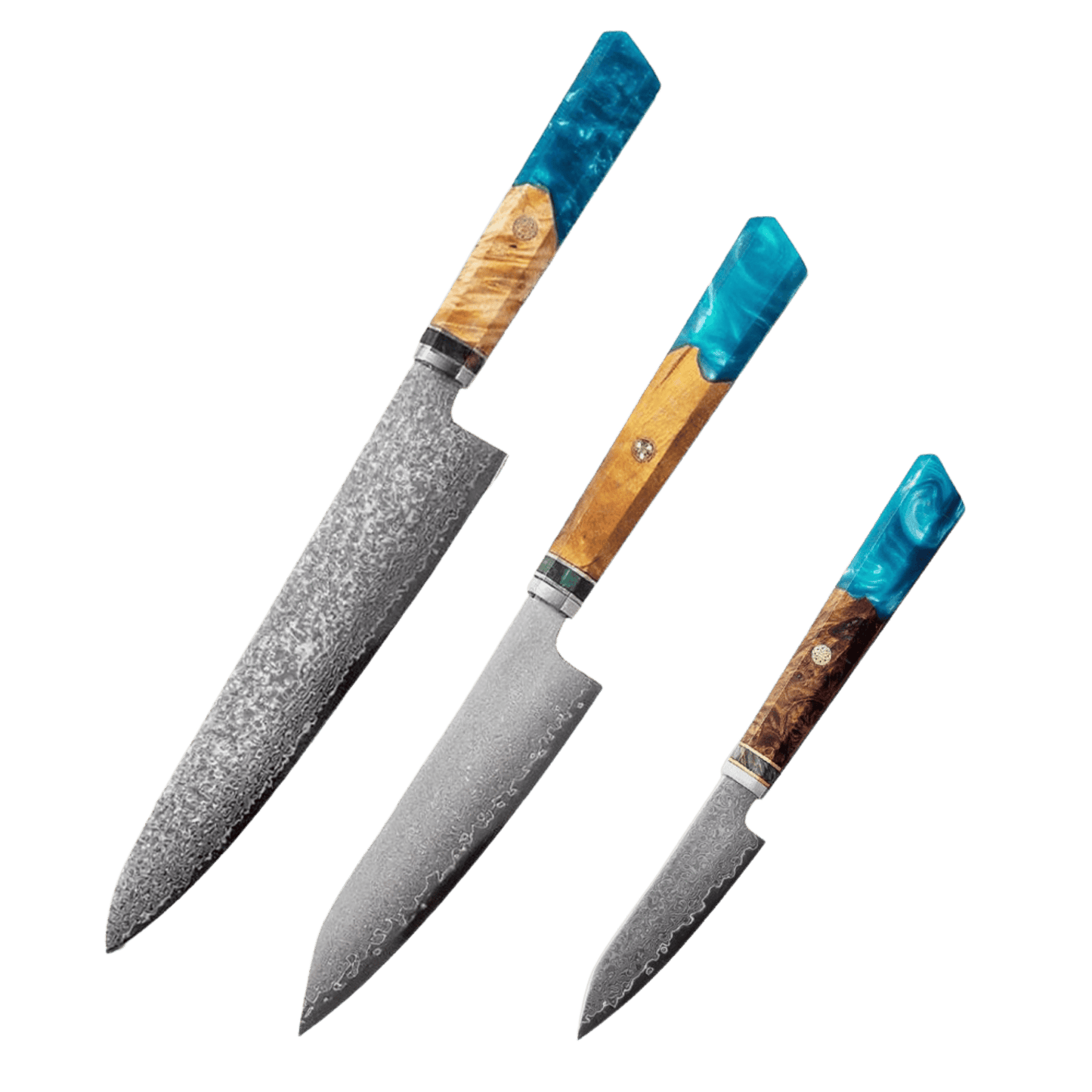 SZAKÁCSKÉS SZETT – DAMASCUS VG10 – 3 Darabos – Blue Maple Burl - Kézműves Gyanta Markolat