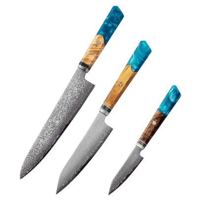 SZAKÁCSKÉS SZETT – DAMASCUS VG10 – 3 Darabos – Blue Maple Burl - Kézműves Gyanta Markolat