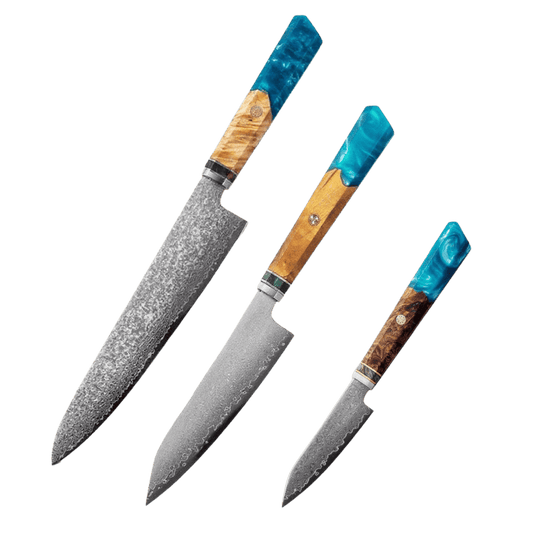 SZAKÁCSKÉS SZETT – DAMASCUS VG10 – 3 Darabos – Blue Maple Burl - Kézműves Gyanta Markolat