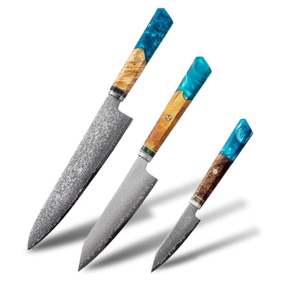 DAMASCUS CHEF SET – 3 Darabos – Blue Maple Burl - Kézműves Gyanta Markolat