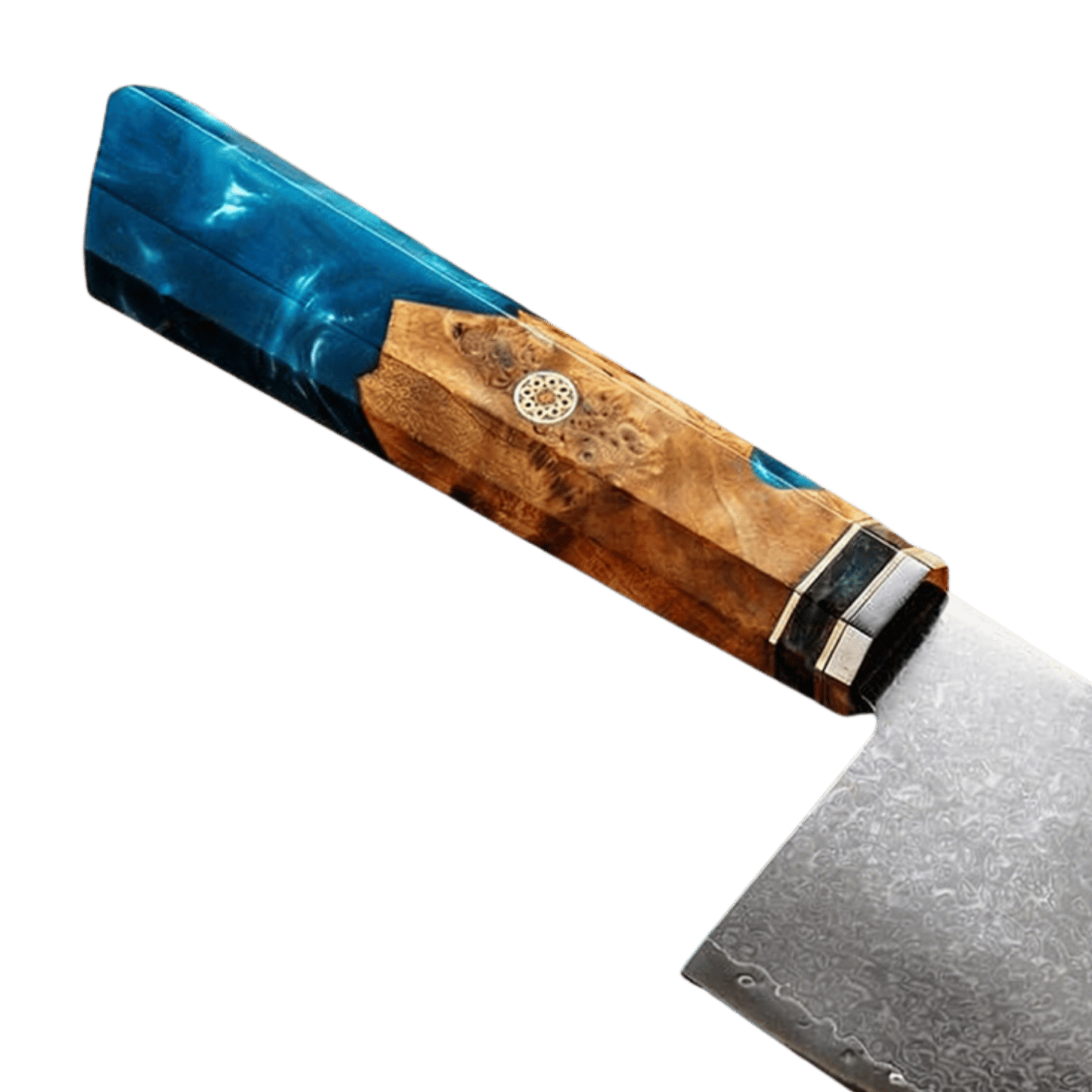 SZAKÁCSKÉS SZETT – DAMASCUS VG10 – 9 Darabos – Blue Maple Burl - Kézműves Gyanta Markolat