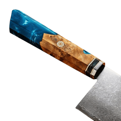 SZAKÁCSKÉS SZETT – DAMASCUS VG10 – 9 Darabos – Blue Maple Burl - Kézműves Gyanta Markolat