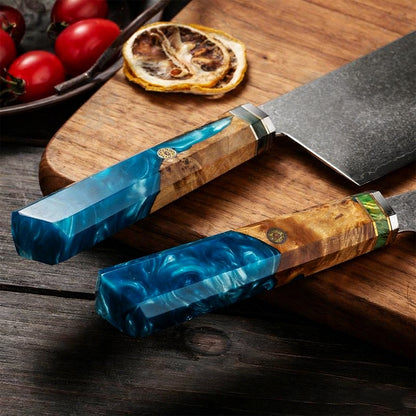 DAMASCUS CHEF SET – 3 Darabos – Blue Maple Burl - Kézműves Gyanta Markolat