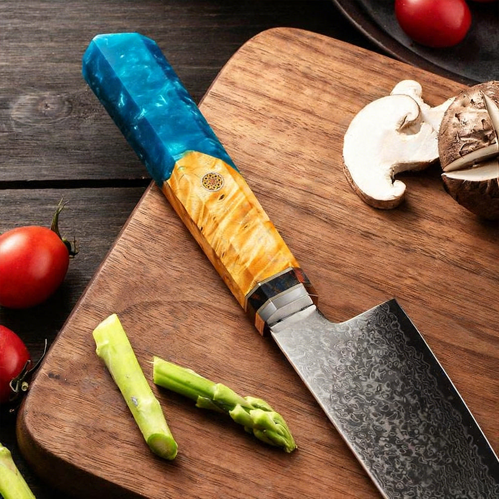 DAMASCUS CHEF SET – 3 Darabos – Blue Maple Burl - Kézműves Gyanta Markolat