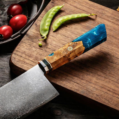 DAMASCUS CHEF SET – 3 Darabos – Blue Maple Burl - Kézműves Gyanta Markolat