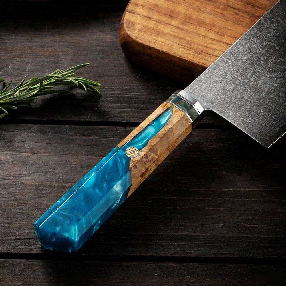 DAMASCUS CHEF SET – 3 Darabos – Blue Maple Burl - Kézműves Gyanta Markolat