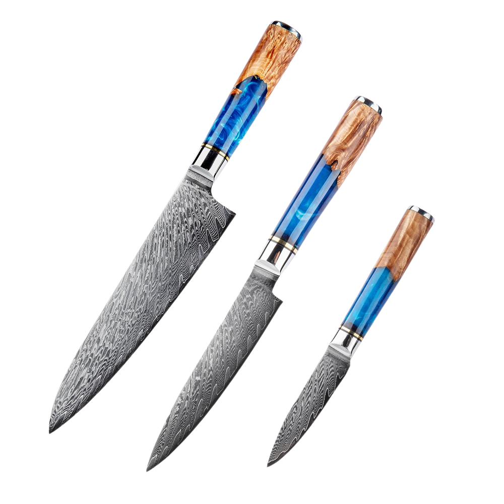 SZAKÁCSKÉS SZETT – DAMASCUS VG10 – 3 Darabos – Light Blue & Beige Edition – Kompozit Juharfa Markolat