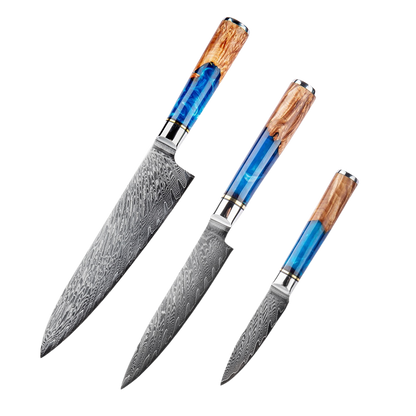 SZAKÁCSKÉS SZETT – DAMASCUS VG10 – 3 Darabos – Light Blue & Beige Edition – Kompozit Juharfa Markolat