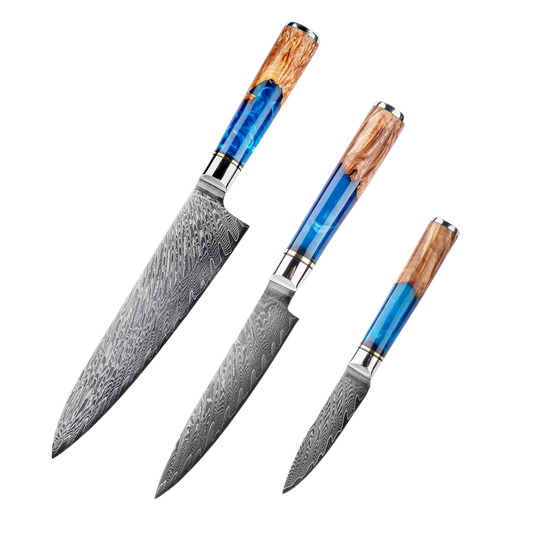SZAKÁCSKÉS SZETT – DAMASCUS VG10 – 3 Darabos – Light Blue & Beige Edition – Kompozit Juharfa Markolat