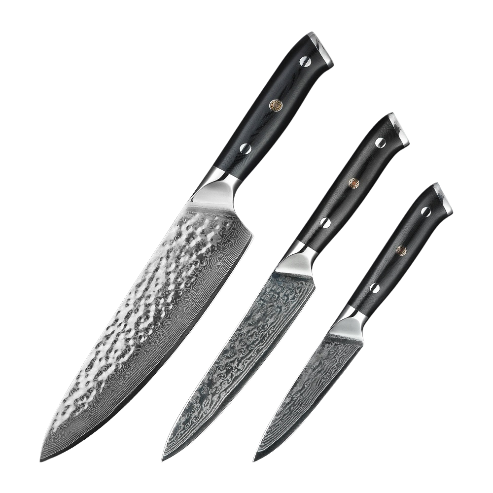 SZAKÁCSKÉS SZETT – DAMASCUS VG10 – 3 Darabos – Fiber Edition – Acél Markolat