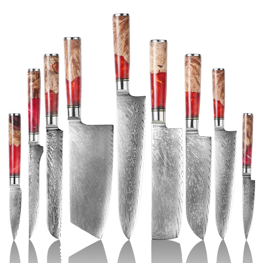 DAMASCUS CHEF SET – 9 Darabos – Red & Beige Edition – Kompozit Juharfa Markolat