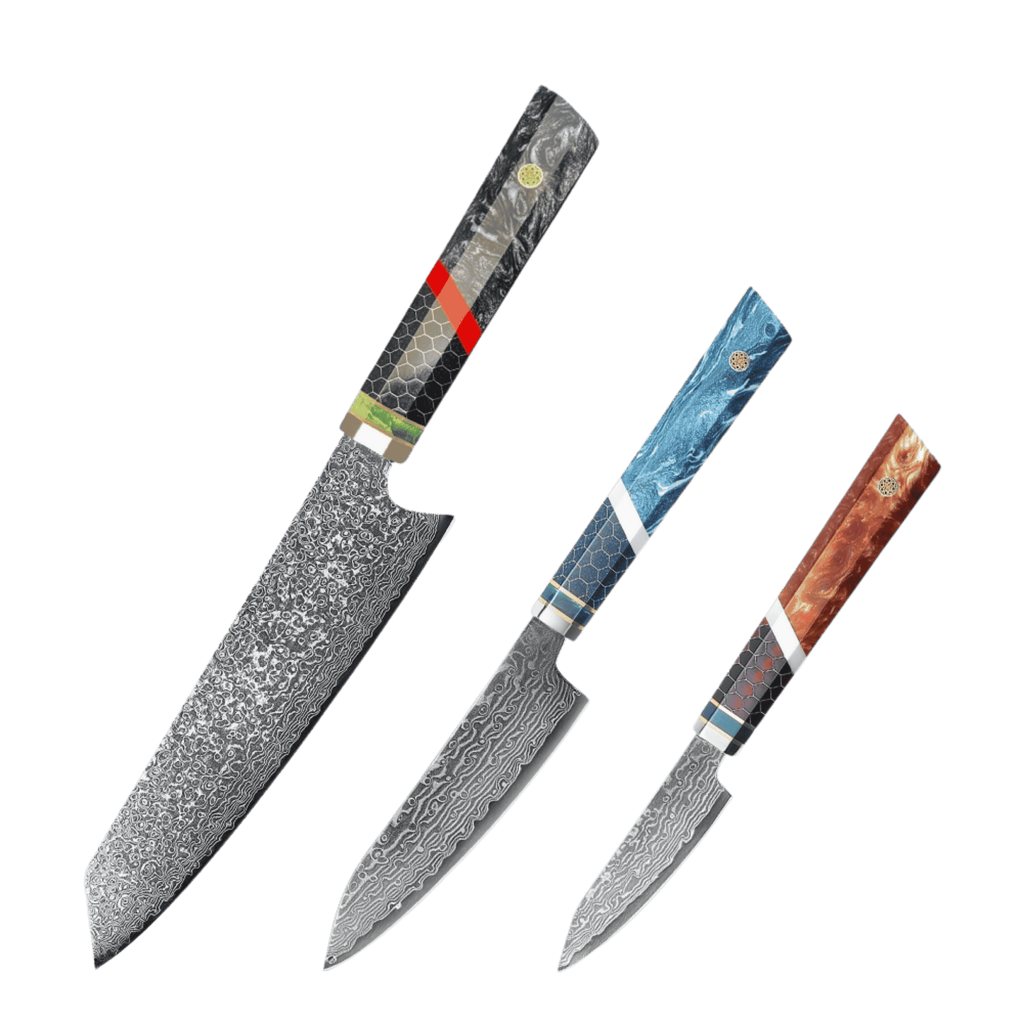 SZAKÁCSKÉS SZETT – DAMASCUS VG10 – 3 Darabos – Mesh Edition – Alumínium Hálós Markolat