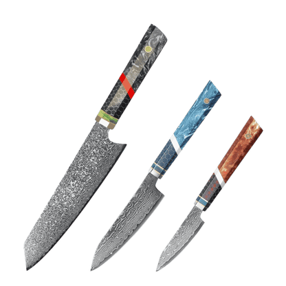 SZAKÁCSKÉS SZETT – DAMASCUS VG10 – 3 Darabos – Mesh Edition – Alumínium Hálós Markolat