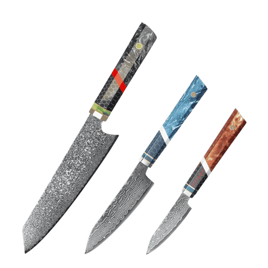 SZAKÁCSKÉS SZETT – DAMASCUS VG10 – 3 Darabos – Mesh Edition – Alumínium Hálós Markolat
