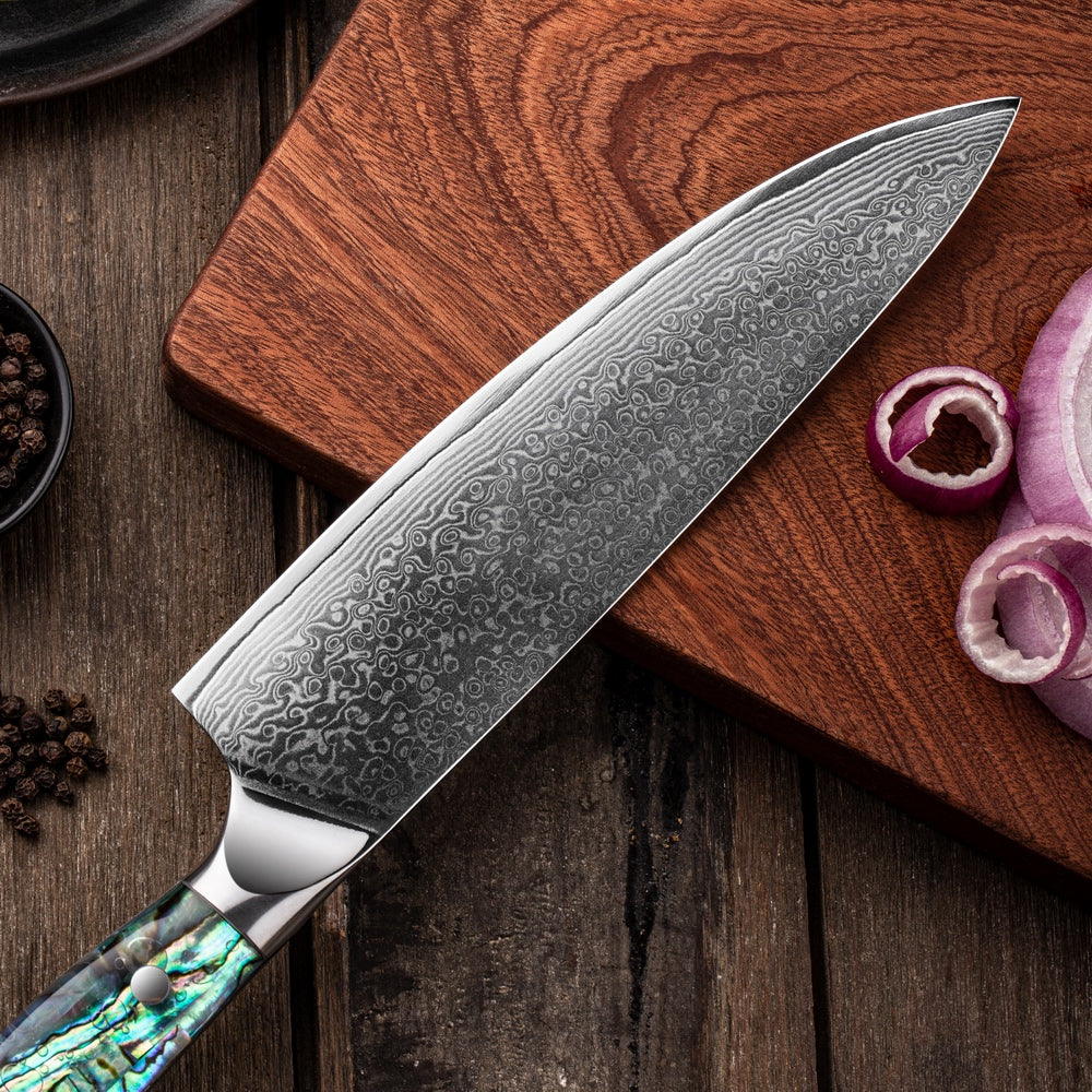 SZAKÁCSKÉS – Damascus VG10 GYUTO - Abyss Edition – Gyöngyház Kagyló Markolat
