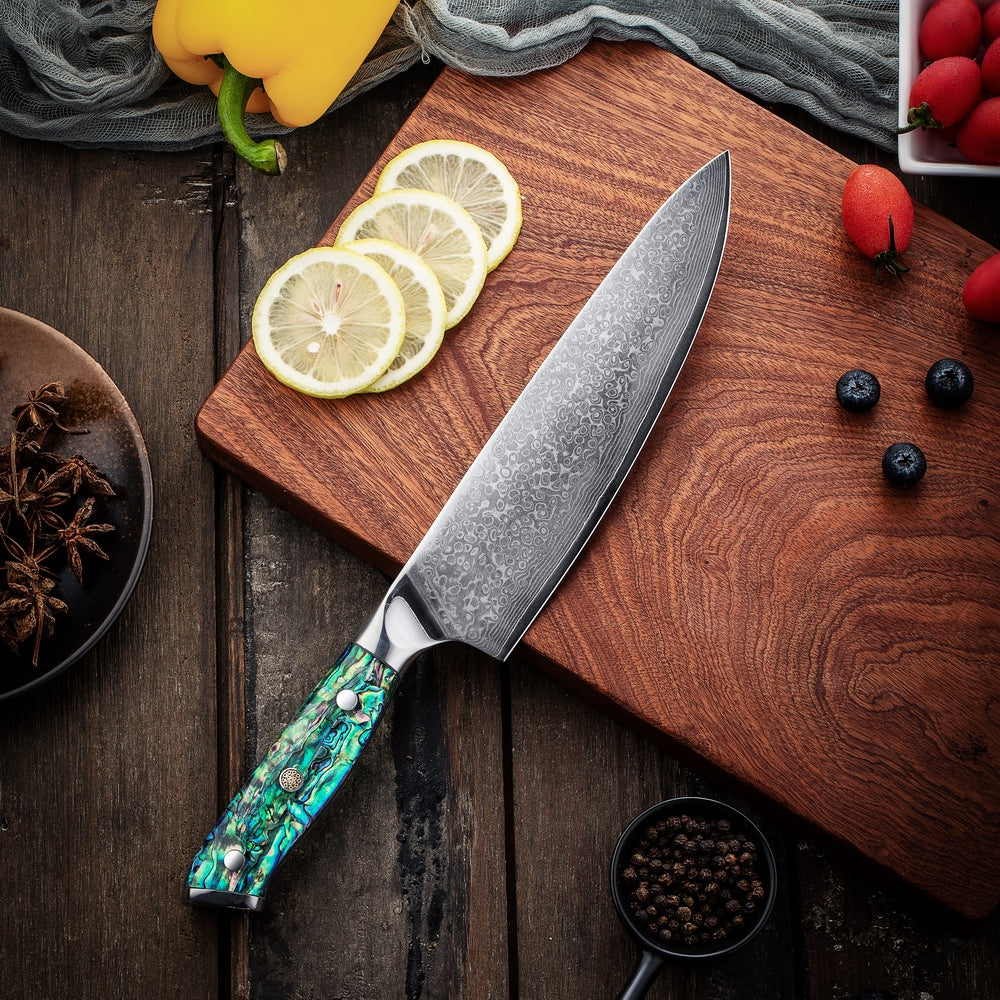 SZAKÁCSKÉS – Damascus VG10 GYUTO - Abyss Edition – Gyöngyház Kagyló Markolat