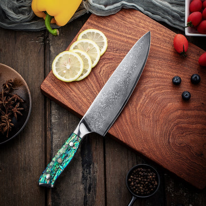 SZAKÁCSKÉS – Damascus VG10 GYUTO - Abyss Edition – Gyöngyház Kagyló Markolat