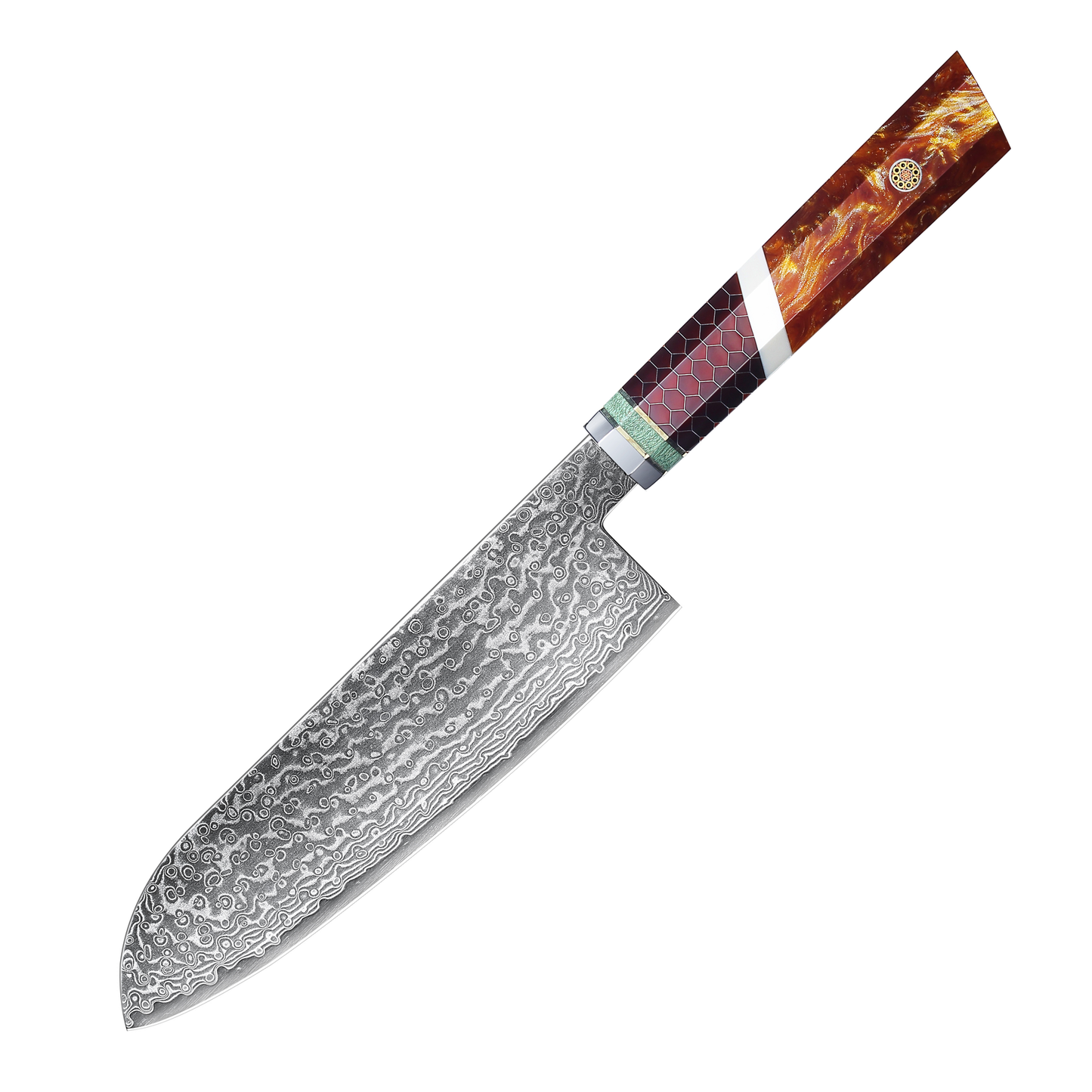 SZAKÁCSKÉS – Damascus VG10 SANTOKU – Brown Mesh Edition – Kompozit Juharfa Markolat
