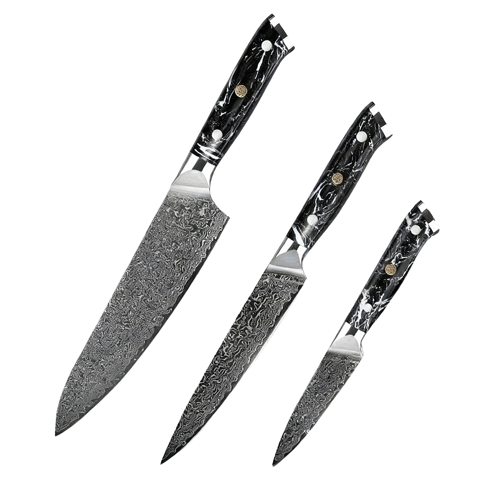 SZAKÁCSKÉS SZETT – DAMASCUS VG10 – 3 Darabos – Kuro Edition – Fekete Gyanta Markolat