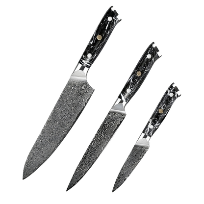 SZAKÁCSKÉS SZETT – DAMASCUS VG10 – 3 Darabos – Kuro Edition – Fekete Gyanta Markolat