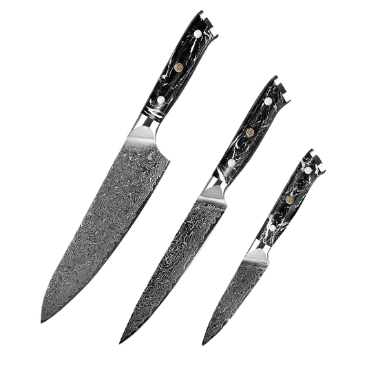 SZAKÁCSKÉS SZETT – DAMASCUS VG10 – 3 Darabos – Kuro Edition – Fekete Gyanta Markolat