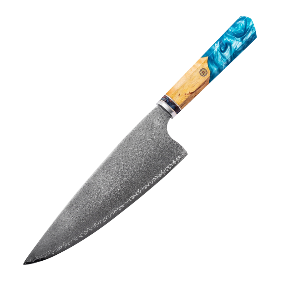 SZAKÁCSKÉS - Damascus VG10 GYUTO - Blue Maple Burl - Kézműves Gyanta Markolat