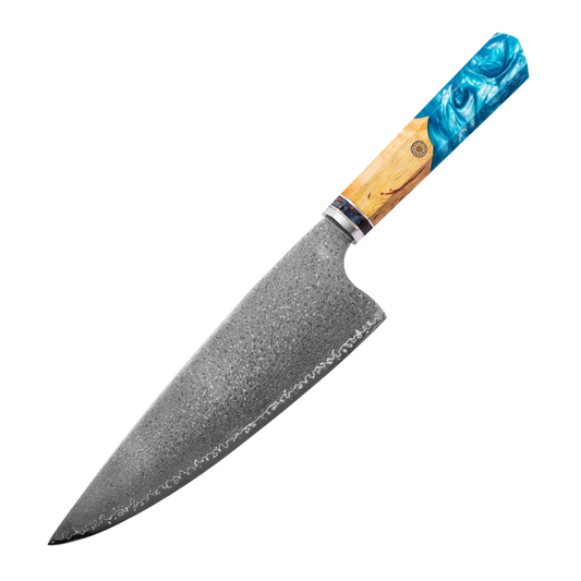 SZAKÁCSKÉS - Damascus VG10 GYUTO - Blue Maple Burl - Kézműves Gyanta Markolat