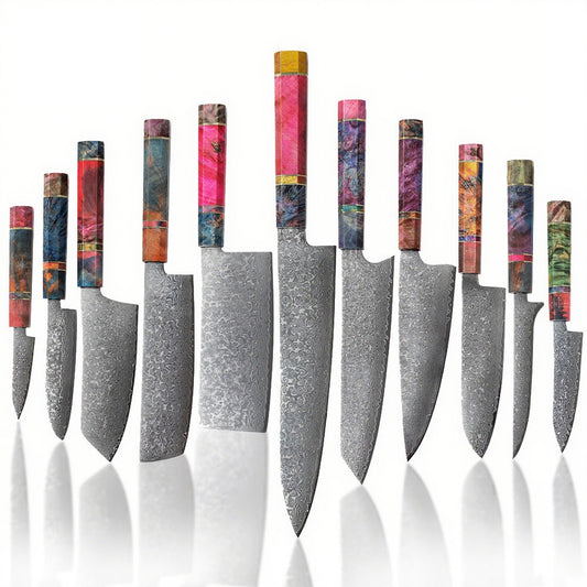 DAMASCUS CHEF SET – 11 Darabos – Burl Edition – Színezett Juharfa Markolat