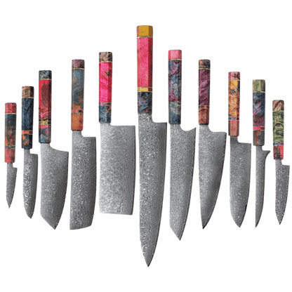 SZAKÁCSKÉS SZETT – DAMASCUS VG10 – 11 Darabos – Burl Edition – Színezett Juharfa Markolat