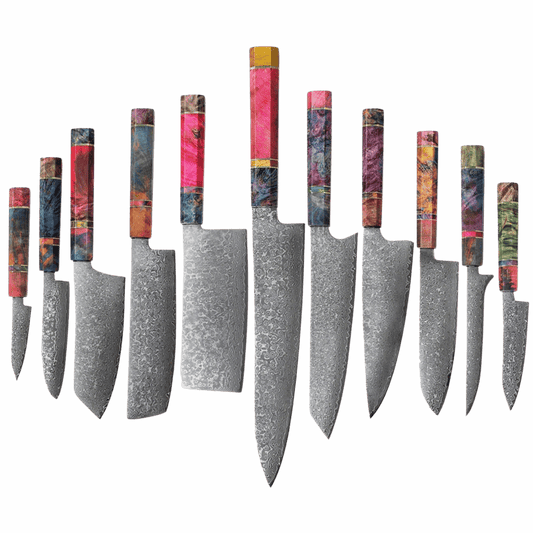 SZAKÁCSKÉS SZETT – DAMASCUS VG10 – 11 Darabos – Burl Edition – Színezett Juharfa Markolat