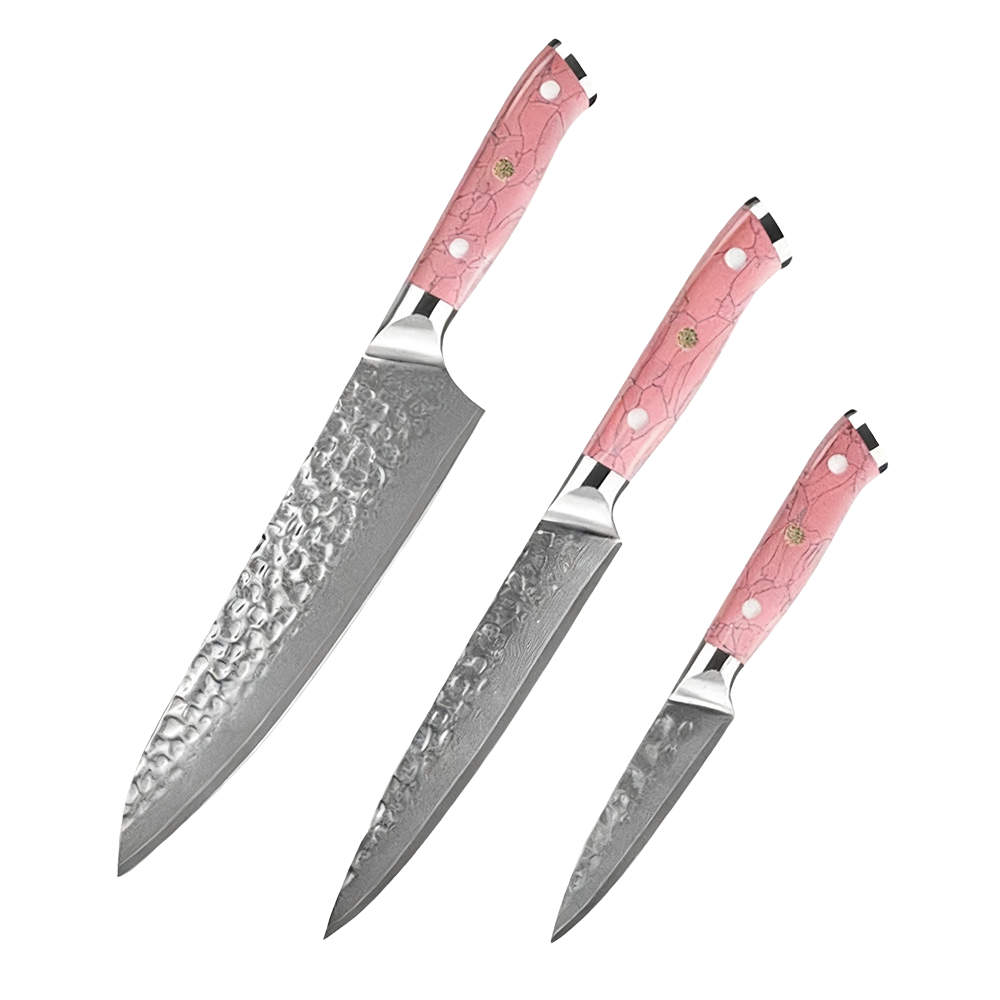 SZAKÁCSKÉS SZETT – Damascus VG10 – 3 Darabos – Kuro Edition – Pink Gyanta Markolat