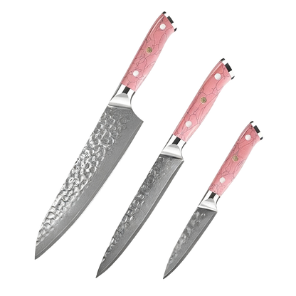SZAKÁCSKÉS SZETT – Damascus VG10 – 3 Darabos – Kuro Edition – Pink Gyanta Markolat