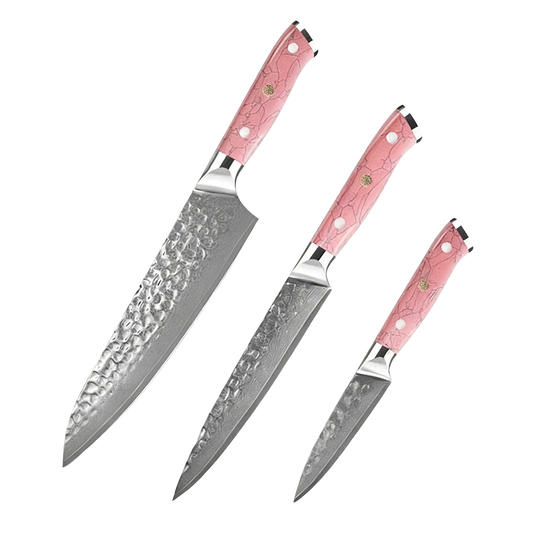 SZAKÁCSKÉS SZETT – Damascus VG10 – 3 Darabos – Kuro Edition – Pink Gyanta Markolat