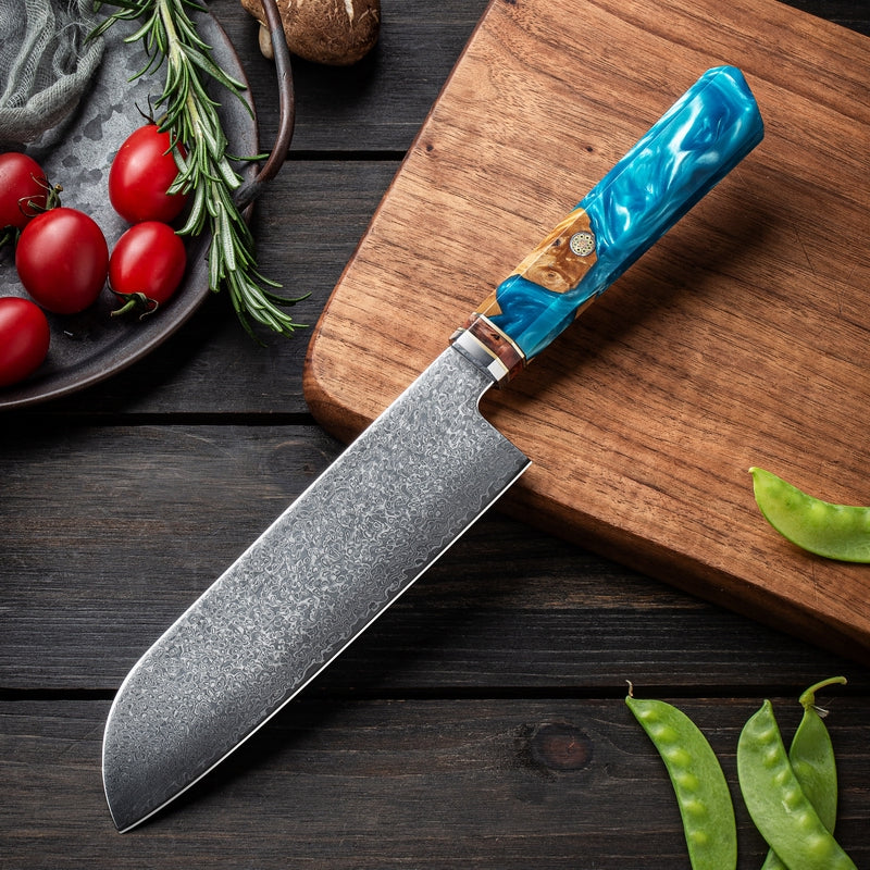 SZAKÁCSKÉS – Damascus VG10 SANTOKU – Blue Maple Burl - Kézműves Gyanta Markolat