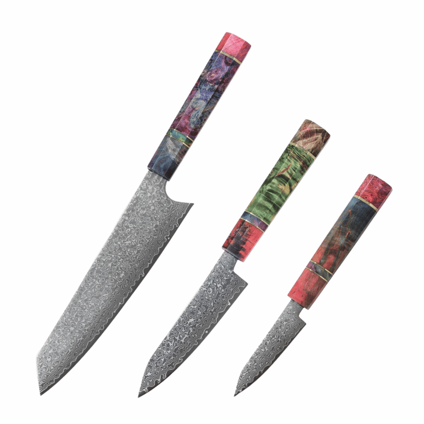 SZAKÁCSKÉS SZETT – DAMASCUS VG10 – 3 Darabos – Burl Edition – Színezett Juharfa Markolat