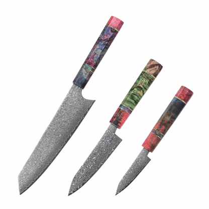 SZAKÁCSKÉS SZETT – DAMASCUS VG10 – 3 Darabos – Burl Edition – Színezett Juharfa Markolat
