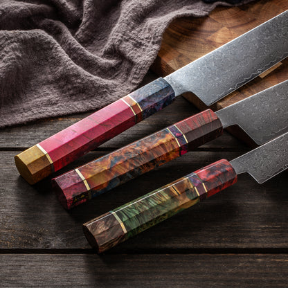 SZAKÁCSKÉS SZETT – DAMASCUS VG10 – 3 Darabos – Burl Edition – Színezett Juharfa Markolat