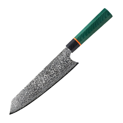 SZAKÁCSKÉS – Damascus VG10 KIRITSUKE - Deep Green G10 Edition – Színezett Juharfa Markolat